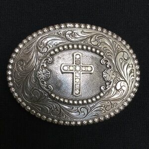 Nocona Blazin Roxx Silver Cross w/ Crystals Oval Belt Buckle Western